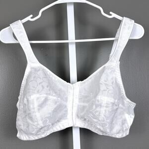 Just My Size 1107 Bra 44B Easy On Front Close Cushion Straps White Satin Floral